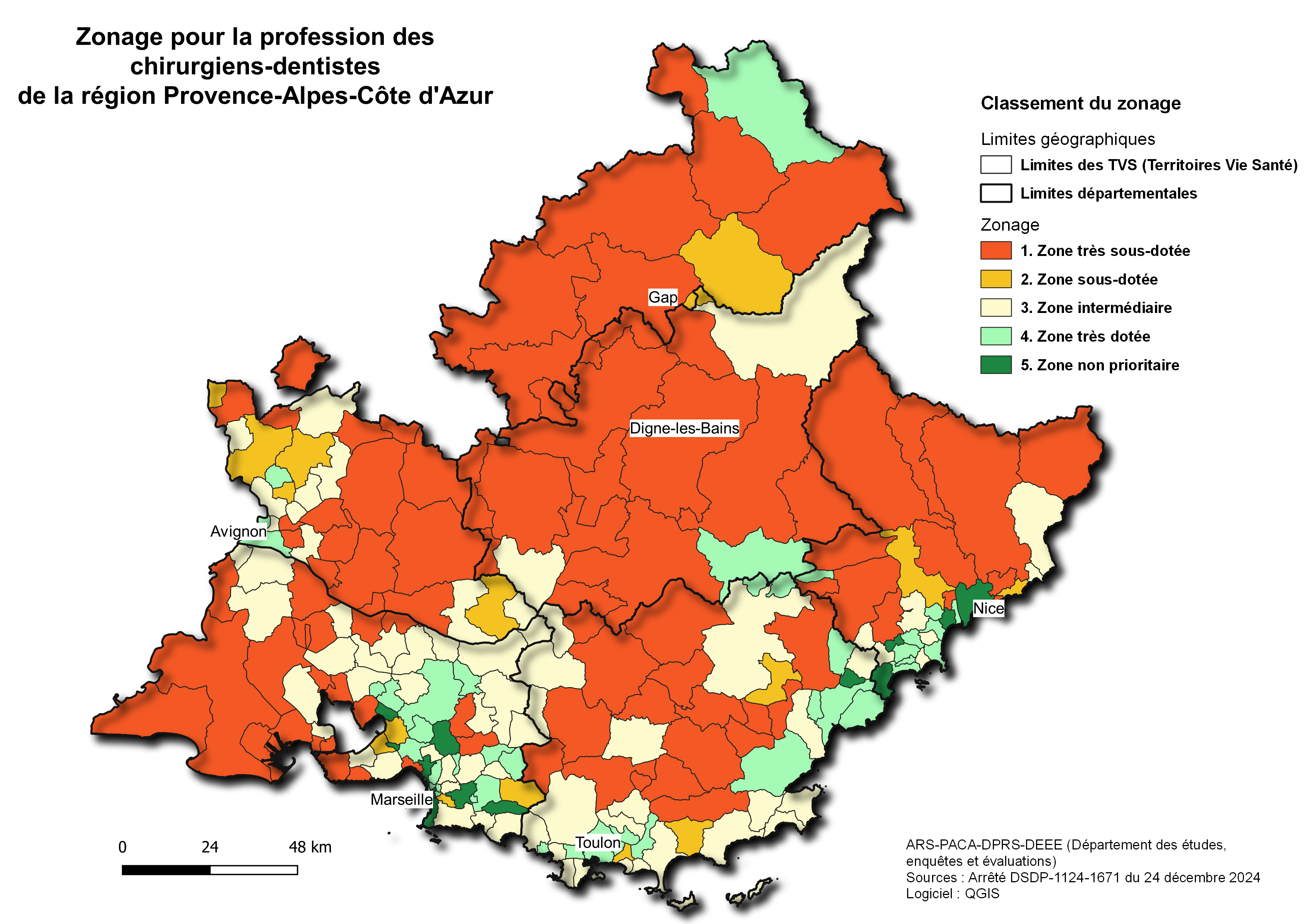 Carte du zonage des chirurgiens-dentistes libéraux PACA