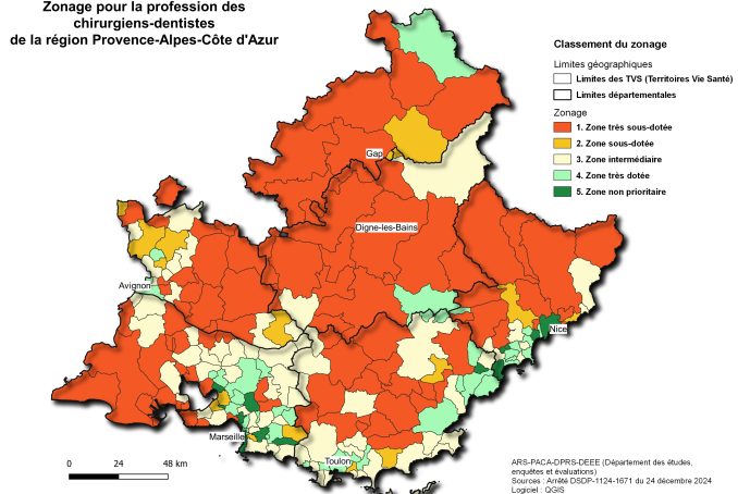 Carte du zonage des chirurgiens-dentistes libéraux PACA